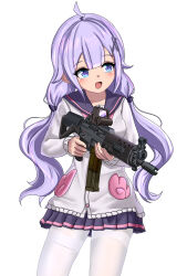 Rule 34 | 1girl, :d, absurdres, ahoge, anchor symbol, assault rifle, azur lane, blunt bangs, blush, breasts, cardigan, collarbone, cowboy shot, dedorudy, gun, hair between eyes, hair ornament, hair scrunchie, hairclip, highres, holding, holding gun, holding weapon, jacket, long hair, long sleeves, looking away, looking to the side, low twintails, medium breasts, miniskirt, neckerchief, official alternate costume, open mouth, pantyhose, pink neckerchief, pleated skirt, purple eyes, purple hair, purple sailor collar, purple scrunchie, purple skirt, rifle, sailor collar, school uniform, scope, scrunchie, serafuku, shirt, sidelocks, sig sg552, sig sg552, simple background, skirt, smile, solo, standing, thighband pantyhose, trigger discipline, twintails, unicorn (azur lane), unicorn (long-awaited date) (azur lane), very long hair, weapon, white background, white cardigan, white pantyhose, white shirt, x hair ornament