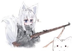 Rule 34 | 1girl, ahoge, animal, animal ear fluff, animal ears, black gloves, blue eyes, blush, bolt action, breath, cat, commentary request, cropped torso, fingerless gloves, fox ears, fox girl, fox tail, gloves, grey jacket, gun, hair between eyes, hair intakes, highres, holding, holding gun, holding weapon, jacket, long hair, long sleeves, mauser 98, original, parted lips, ping myu ring (tandohark), puffy long sleeves, puffy sleeves, rifle, sidelocks, silver hair, simple background, sleeves past wrists, solo, tail, tail raised, tandohark, weapon, weapon request, white background