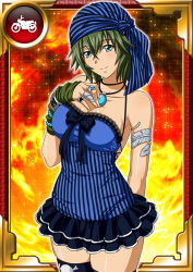 Rule 34 | 00s, 1girl, breasts, card (medium), curvy, dress, female focus, green hair, ikkitousen, kyocho chuukou, large breasts, looking at viewer, shiny skin, short hair, skirt, smile, solo, standing
