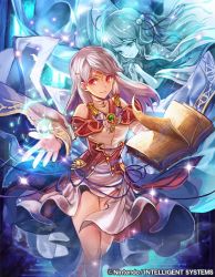 Rule 34 | 1girl, bangle, bare shoulders, blue fire, book, bracelet, circlet, company name, detached sleeves, dress, fire, fire emblem, fire emblem: radiant dawn, fire emblem cipher, half updo, intelligent systems, jewelry, long hair, magic, micaiah (fire emblem), nij 24, nintendo, official art, open book, outstretched arm, possessed, possession, red eyes, ring, silver hair, smile, solo, spoilers, thighs, yune (fire emblem)