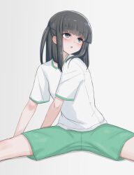Rule 34 | 1girl, :o, black hair, blue eyes, blunt bangs, blush, breasts, gym uniform, highres, looking up, mustee, one side up, original, raised eyebrows, shirt, short shorts, short sleeves, shorts, simple background, sitting, small breasts, solo, spread legs, t-shirt, white background