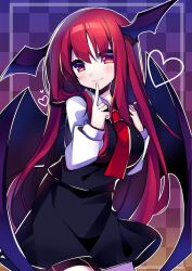 Rule 34 | 1girl, bat wings, black skirt, black vest, breasts, checkered background, closed mouth, commentary request, gradient background, head wings, heart, highres, index finger raised, koakuma, kujou mikuru, large breasts, long hair, looking at viewer, multiple wings, one-hour drawing challenge, red eyes, red hair, shirt, skirt, smile, solo, touhou, vest, white shirt, wings