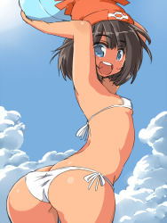 Rule 34 | 10s, 1girl, :d, armpits, ass, bare arms, bare shoulders, beanie, bikini, black hair, blue eyes, blue sky, breasts, brown hair, butt crack, closed eyes, cloud, cowboy shot, creatures (company), day, eyebrows, female focus, game freak, hat, holding, looking at viewer, looking back, naitou kouse, nintendo, open mouth, outdoors, pokemon, pokemon sm, selene (pokemon), short hair, side-tie bikini bottom, sky, small breasts, smile, solo, standing, swimsuit, teeth, thighs, white bikini