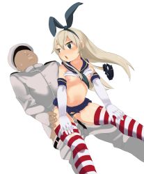Rule 34 | 10s, 1boy, 1girl, ass grab, black panties, blush, breasts, clitoris, clothed sex, clothes lift, clothing aside, eyebrows, hair ornament, hat, hetero, highres, kantai collection, long hair, man0., nipples, open mouth, panties, panties aside, penis, pussy, sex, shimakaze (kancolle), shiny skin, shirt, shirt lift, simple background, skirt, small breasts, striped legwear, sweat, tears, uncensored, underwear, vaginal, white background