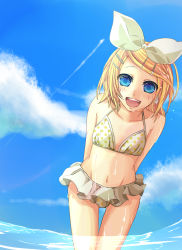 Rule 34 | 1girl, bikini, blonde hair, blue eyes, cloud, day, flat chest, hair ornament, hair ribbon, hairclip, kagamine rin, polka dot, polka dot bikini, polka dot swimsuit, project diva, project diva (series), ribbon, short hair, sky, smile, solo, swimsuit, ui (rot), vocaloid, wet