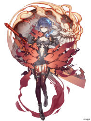 Rule 34 | &gt;:&lt;, 1girl, absurdres, alice (sinoalice), blue hair, brooch, clothing cutout, colored skin, dark persona, full body, hair ornament, half-nightmare, highres, huge weapon, jewelry, ji no, looking at viewer, multicolored skin, navel, navel cutout, official art, pale skin, red eyes, red skin, reverse grip, short hair, sinoalice, solo, sword, tattoo, v-shaped eyebrows, weapon, white background