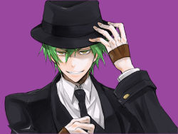 Rule 34 | 1boy, arc system works, bad id, bad pixiv id, blazblue, evil grin, evil smile, fedora, fingerless gloves, gloves, green hair, grin, hat, hazama, male focus, necktie, purple background, smile, solo, sumeshi (ambivalince), yellow eyes