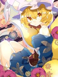 Rule 34 | 1girl, :/, animal hat, bare shoulders, blonde hair, blue kimono, commentary, feet out of frame, floral background, floral print, flower, fox girl, fox tail, from side, hat, highres, japanese clothes, kimono, kitsune, kyuubi, long sleeves, looking at viewer, mob cap, multiple tails, nikorashi-ka, obi, off shoulder, one-hour drawing challenge, purple flower, sash, short hair, solo, tail, touhou, yakumo ran, yellow eyes