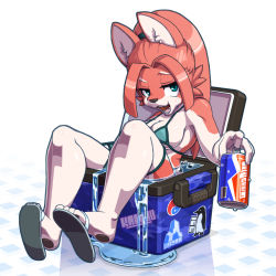 Rule 34 | 1girl, aqua eyes, artist request, copyright request, dog, furry, furry female, highres, long hair, open mouth, pepsi, ponytail, red hair, simple background, solo