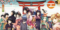 Rule 34 | 10s, 1boy, 2016, 6+girls, araragi karen, araragi koyomi, araragi tsukihi, arrow (projectile), ema, everyone, hachikuji mayoi, hanekawa tsubasa, happy new year, highres, japanese clothes, kanbaru suruga, kimono, monogatari (series), mount fuji, multiple girls, new year, ononoki yotsugi, oshino ougi, oshino shinobu, ryuu32, sengoku nadeko, senjougahara hitagi, torii, volcano