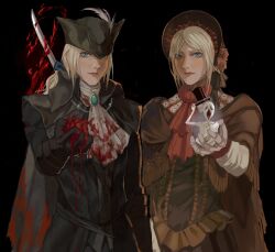 Rule 34 | 2girls, ascot, black background, black gloves, black headwear, blood, blood on clothes, bloodborne, brown cape, brown headwear, cape, closed mouth, cowboy shot, doll joints, dual persona, female focus, gloves, grey ascot, grey hair, hat, hat feather, heart, highres, holding, holding heart, joints, lady maria of the astral clocktower, messengers (bloodborne), multiple girls, parted bangs, plain doll, red ascot, red headwear, short hair, sword, top hat, torn cape, torn clothes, tricorne, weapon, yujia0412