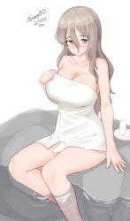 Rule 34 | 1girl, absurdres, breasts, brown eyes, dated, grey hair, hair between eyes, highres, kantai collection, large breasts, looking at viewer, maru (marg0613), naked towel, pola (kancolle), rock, simple background, sitting, soaking feet, solo, thick eyebrows, towel, twitter username, wavy hair, white background