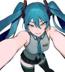 Rule 34 | 1girl, aqua eyes, aqua hair, aqua necktie, bare arms, bare shoulders, black skirt, black thighhighs, commentary, cowboy shot, eyelashes, grey shirt, hair between eyes, hair ornament, hatsune miku, highres, long hair, looking at viewer, miniskirt, necktie, number tattoo, outstretched arms, pleated skirt, reaching, reaching towards viewer, shirt, shoulder tattoo, simple background, skirt, sleeveless, sleeveless shirt, smile, solo, standing, tattoo, thighhighs, twintails, very long hair, vocaloid, white background, zeon (zzeeonn)