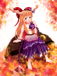 Rule 34 | 1girl, absurdres, arm support, barefoot, belt, bench, blush, bow, chain, cuffs, drooling, gourd, hair bow, highres, horn ornament, horn ribbon, horns, ibuki suika, leaning, long hair, looking at viewer, multicolored background, open mouth, orange hair, orb, pyramid (structure), red eyes, ribbon, shackles, shirt, sitting, skirt, sleeveless, sleeveless shirt, solo, tawasi (nanto5910ken), touhou, very long hair, wrist cuffs