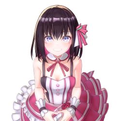 Rule 34 | 1girl, 3d, azki (3rd costume) (hololive), azki (hololive), bare shoulders, black hair, blush, blush stickers, breasts, chuukarudoruhu, cleavage, colored inner hair, detached collar, dress, gloves, hair ornament, highres, hololive, looking at viewer, multicolored hair, purple eyes, short hair, simple background, smile, solo, teeth, virtual youtuber, white background, wrist cuffs