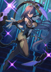 Rule 34 | 1girl, absurdres, bare shoulders, black gloves, black leotard, borrowed character, breasts, center opening, character request, cleavage, cleavage cutout, clothing cutout, copyright request, corruption, cosplay, dark persona, elbow gloves, expressionless, fingerless gloves, fire, fire emblem, fire emblem: three houses, gloves, highres, kronya (fire emblem), kronya (fire emblem) (cosplay), large breasts, leotard, long hair, looking at viewer, navel, navel cutout, nintendo, original, patterned legwear, purple eyes, purple fire, purple hair, reaching, reaching towards viewer, revealing clothes, solo, stomach cutout, teo (telo ruka), thighhighs, tiara, underboob cutout, very long hair
