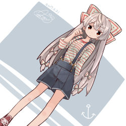 Rule 34 | 1girl, alternate costume, aoi kujira, blue shorts, bow, dated, dutch angle, fujiwara no mokou, hair bow, long hair, looking at viewer, red eyes, red footwear, shirt, shoes, shorts, solo, standing, striped clothes, striped shirt, suspenders, touhou, very long hair, white bow, white hair