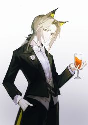 Rule 34 | 1girl, absurdres, alcohol, animal ears, arknights, black ribbon, black suit, bow, bowtie, breasts, chinese commentary, commentary request, cup, drinking glass, formal, gloves, green eyes, hair ribbon, hand in pocket, highres, holding, holding cup, kal&#039;tsit (arknights), light green hair, llmia4, looking at viewer, medium hair, neck ribbon, ponytail, ribbon, simple background, small breasts, standing, suit, white background, white ribbon, wine, wine glass