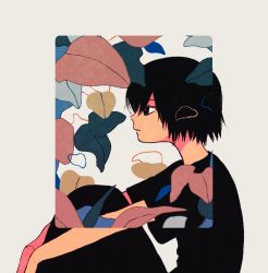 Rule 34 | 1other, androgynous, black hair, black pants, black shirt, blue eyes, closed mouth, from side, grey background, ka (marukogedago), hugging own legs, original, pants, shirt, sitting, solo