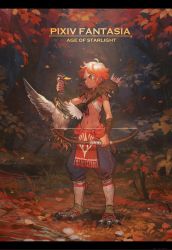 Rule 34 | 1boy, akaneko (redakanekocat), animal, autumn leaves, bird, bow (weapon), copyright name, dated, duck, feather trim, forest, full body, gem, green eyes, highres, holding, holding animal, holding bird, holding bow (weapon), holding weapon, letterboxed, male focus, nature, navel, outdoors, pelvic curtain, pixiv fantasia, pixiv fantasia age of starlight, quiver, red hair, sidelocks, standing, sweatdrop, talons, v-shaped eyebrows, weapon