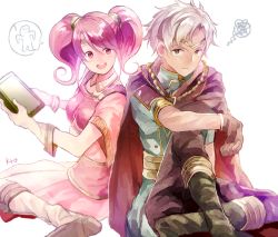 Rule 34 | 1boy, 1girl, blush, boey (fire emblem), book, dark skin, embarrassed, fire emblem, fire emblem echoes: shadows of valentia, gloves, holding, holding book, mae (fire emblem), nintendo, pink hair, sitting, smile, twintails, white hair