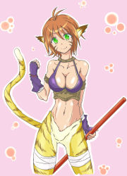 Rule 34 | 1girl, animal ears, blush, breasts, breath of fire, breath of fire ii, bustier, cat ears, cat tail, chigusa, cleavage, facial mark, furry, furry female, gloves, green eyes, hair between eyes, highres, no panties, no pants, orange hair, pointy ears, rinpoo chuan, short hair, smile, solo, tail