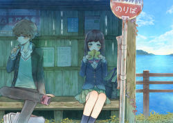 Rule 34 | 1boy, 1girl, bag, black hair, blazer, blush, book, bow, bowtie, bus stop, cloud, commentary, covering own mouth, crossed legs, day, drinking, drinking straw, fence, gakuran, grass, green eyes, holding, holding book, horizon, jacket, juice box, kuroyuki, light brown hair, long hair, looking at another, looking away, looking to the side, muted color, open book, original, plaid, plaid skirt, plant, poster (object), reading, school bag, school uniform, shoes, sign, sitting, skirt, sky, sneakers, vines, water