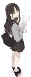 Rule 34 | ..., 1girl, ama mitsuki, backpack, bag, black footwear, black skirt, blush, brown eyes, brown hair, closed mouth, frilled socks, frills, from above, from behind, grey shirt, grey socks, high heels, highres, holding, holding stuffed toy, long hair, long sleeves, looking at viewer, looking back, looking up, original, pleated skirt, shirt, skirt, sleeves past wrists, socks, solo, speech bubble, spoken ellipsis, standing, stuffed animal, stuffed rabbit, stuffed toy, wavy hair