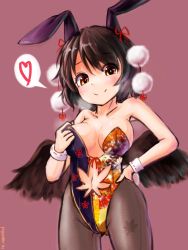 Rule 34 | 1girl, alternate costume, animal ears, bad id, bad twitter id, bare shoulders, black hair, blush, bow, breasts, breath, cleavage, clothing cutout, heart, highres, kemonomimi mode, large breasts, leaf, leotard, looking at viewer, looking down, maple leaf, md5 mismatch, navel, navel cutout, pantyhose, pink background, playboy bunny, pom pom (clothes), pyonsuke (pyon2 mfg), rabbit ears, red eyes, resized, shameimaru aya, short hair, simple background, smile, solo, string, sweat, touhou, wings, wristband