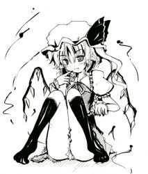 Rule 34 | 1girl, blush, female focus, flandre scarlet, greyscale, hat, hat ribbon, kneehighs, looking at viewer, mob cap, monochrome, pointy ears, puffy short sleeves, puffy sleeves, ribbon, short sleeves, side ponytail, simple background, sitting, smile, socks, solo, takaharu, touhou, white background, wings, wrist cuffs