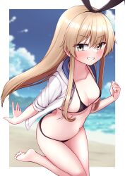Rule 34 | 1girl, absurdres, bare legs, barefoot, beach, bikini, black bikini, blonde hair, blush, breasts, collarbone, fingernails, highres, jacket, kantai collection, long hair, looking at viewer, navel, ocean, open clothes, open jacket, shimakaze (kancolle), small breasts, solo, swimsuit, tiemu (man190), white jacket, yellow eyes