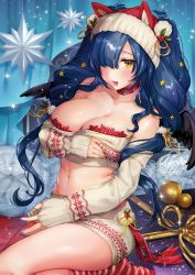 Rule 34 | 1girl, animal ears, bare shoulders, blue hair, blush, breast hold, breasts, cat ears, christmas, christmas ornaments, cleavage, collar, demon girl, detached sleeves, hair between eyes, hair over one eye, hat, large breasts, long hair, looking at viewer, lucia (ogino atsuki), open mouth, original, santa hat, wings, yanyo (ogino atsuki), yellow eyes
