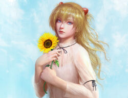 Rule 34 | 1girl, absurdres, alternate costume, blue eyes, closed mouth, crying, crying with eyes open, flower, hair over eyes, highres, holding, holding flower, interface headset, long hair, looking at viewer, neon genesis evangelion, orange hair, realistic, solo, souryuu asuka langley, sunflower, tears, xianggang jizhe, yellow flower