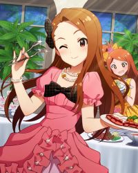 Rule 34 | 10s, 2girls, ;), artist request, blush, bow, bracelet, breasts, brown eyes, brown hair, closed mouth, collarbone, dress, drooling, food, fork, gem, glint, gravy boat, hair bow, holding, holding spoon, hungry, idolmaster, idolmaster (classic), idolmaster million live!, idolmaster million live! theater days, jewelry, long hair, looking at viewer, minase iori, multiple girls, necklace, official art, one eye closed, ogami tamaki, open mouth, pearl (gemstone), pink dress, plant, plate, puffy short sleeves, puffy sleeves, short sleeves, small breasts, smile, spoon, star-shaped pupils, star (symbol), symbol-shaped pupils, table, window
