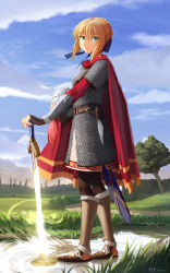 Rule 34 | 1girl, ahoge, alternate costume, armor, artist name, artoria pendragon (all), artoria pendragon (fate), avalon (fate/stay night), belt, blonde hair, blue sky, cape, chainmail, cloud, dagger, dated, day, fate/stay night, fate (series), full body, grass, green eyes, unworn headwear, helmet, unworn helmet, highres, knife, looking at viewer, looking to the side, outdoors, pantyhose, planted, saber (fate), sky, solo, standing, sword, tree, weapon, yip