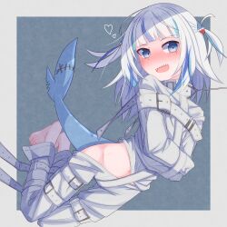 Rule 34 | 1girl, :d, alternate costume, barefoot, bdsm, blue eyes, blue hair, blush, bound, bound arms, bound legs, fins, fish tail, gawr gura, heart, highres, hololive, hololive english, jacket, leash, medium hair, menou 74, midriff peek, multicolored hair, open mouth, pants, shark girl, shark tail, sharp teeth, smile, solo, spoken heart, stitches, straitjacket, streaked hair, tail, teeth, two-tone hair, virtual youtuber, white hair, white jacket, white pants