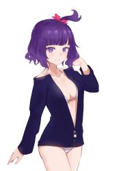 Rule 34 | 1girl, alternate costume, arm at side, arm up, bad id, bad pixiv id, bare shoulders, bikini, bikini under clothes, blue jacket, blunt bangs, blush, breasts, cleavage, closed mouth, collarbone, commentary request, fate/grand order, fate (series), hair ribbon, hand in own hair, highres, jacket, jilu, katsushika hokusai (fate), long sleeves, looking at viewer, medium breasts, one side up, open clothes, open jacket, partially unzipped, pink ribbon, purple eyes, purple hair, ribbon, short hair, simple background, smile, solo, swimsuit, white background, zipper pull tab