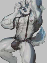 Rule 34 | 1boy, abs, absurdres, animal ears, arm up, armpit hair, bara, bare pectorals, black male underwear, blush, bulge, chest tuft, commission, facial hair, foot out of frame, furry, furry male, goatee, highres, horikwawataru, jockstrap, large pectorals, looking to the side, male focus, male pubic hair, male underwear, mature male, mohawk, muscular, muscular male, navel, navel hair, nipples, original, pectorals, pubic hair, short hair, solo, stomach, suspenders, sweatdrop, tail, thick thighs, thighs, underwear, watermark, wolf boy, wolf ears, wolf tail