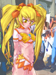 Rule 34 | 10s, 1girl, arms behind back, blonde hair, blush, bodypaint, bow, breasts, brooch, completely nude, covered erect nipples, cure sunshine, embarrassed, exhibitionism, hair ribbon, heart, heart brooch, heartcatch precure!, highres, jewelry, long hair, myoudouin itsuki, nipples, nude, orange bow, painted clothes, photographer, precure, public indecency, puffy nipples, raplus, rauff08izowuff09+, ribbon, solo focus, sweat, tears, twintails, yellow bow, yellow eyes