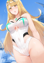 Rule 34 | 1girl, bare hips, bare shoulders, blonde hair, blush, breasts, casual one-piece swimsuit, clothing cutout, collarbone, covered navel, day, flying sweatdrops, gem, gluteal fold, groin, headpiece, hews, highleg, highleg swimsuit, highres, large breasts, long hair, looking down, mythra (radiant beach) (xenoblade), mythra (xenoblade), neon trim, nintendo, one-piece swimsuit, open mouth, side cutout, sky, solo, sweat, swept bangs, swimsuit, thigh gap, underboob, underboob cutout, very long hair, white one-piece swimsuit, xenoblade chronicles (series), xenoblade chronicles 2, yellow eyes