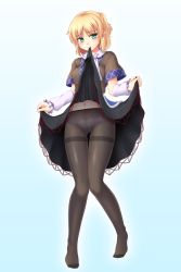 Rule 34 | 1girl, arm warmers, black pantyhose, blonde hair, bow, bow panties, clothes in mouth, clothes lift, green eyes, isaki (gomi), knees together feet apart, looking at viewer, mizuhashi parsee, navel, panties, panties under pantyhose, pantyhose, pointy ears, shirt, skirt, skirt in mouth, skirt lift, solo, thighband pantyhose, touhou, underwear, upskirt