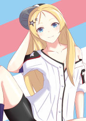 Rule 34 | 1girl, absurdres, arm behind head, azur lane, baseball cap, baseball uniform, bike shorts, blonde hair, blue background, blue eyes, bogue (azur lane), breasts, chinese commentary, commentary request, cowboy shot, fang, hair ornament, hairclip, hat, head tilt, highres, jersey, knee up, long hair, looking at viewer, multicolored background, off-shoulder shirt, off shoulder, partially unbuttoned, pink background, purple socks, shirt, short sleeves, sidelocks, simple background, sitting, skin fang, small breasts, smile, socks, solo, sportswear, star (symbol), star hair ornament, star print, white background, white shirt, x xuuu~