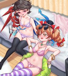 Rule 34 | 2girls, armpits, asymmetrical wings, bed, black hair, black legwear, blue wings, blush, bow, bra, breasts, can, cushion, drill hair, earrings, eyewear on head, floral print, gold, hat, hat bow, highres, houjuu nue, indoors, jewelry, light brown hair, lingerie, multiple girls, navel, necklace, orange eyes, panties, pendant, pink bra, pink panties, purple bra, purple legwear, purple panties, red eyes, red wings, ribbon, ring, round eyewear, s-a-murai, short hair, small breasts, smile, snake, striped clothes, striped legwear, striped thighhighs, sunglasses, thighhighs, top hat, touhou, twin drills, underwear, underwear only, wings, yorigami jo&#039;on
