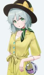 Rule 34 | 1girl, adapted costume, black hat, bow, casual, coat, commentary request, contemporary, green eyes, green hair, green neckerchief, grey background, hair between eyes, hat, hat bow, head tilt, highres, komeiji koishi, looking at viewer, neckerchief, parted lips, sash, short hair, short sleeves, simple background, solo, torinari (dtvisu), touhou, upper body, yellow bow, yellow coat, yellow sash
