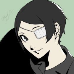 Rule 34 | 1other, bad source, black eyes, cropped shoulders, earrings, eyepatch, head tilt, highres, jewelry, kana (world of horror), light green background, looking at viewer, one eye covered, parted lips, philipposole, short hair, signature, single earring, smile, solo, world of horror