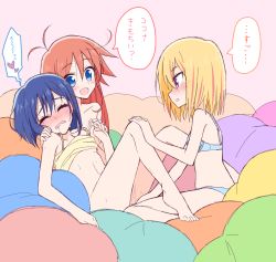 Rule 34 | 3girls, :d, antenna hair, barefoot, blonde hair, blue bra, blue eyes, blue hair, blue panties, blush, bra, camisole, female orgasm, fff threesome, fingering, flip flappers, group sex, hand on another&#039;s knee, heart, holding hands, kokomine cocona, long hair, looking at another, multiple girls, nose blush, nude, open mouth, orange hair, orgasm, panties, papika (flip flappers), pillow, purple eyes, pussy juice, saliva, short hair, sitting, smile, sou (mgn), speech bubble, sweat, teamwork, threesome, translated, underwear, yayaka, yuri