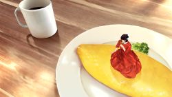 Rule 34 | 1girl, black hair, closed eyes, commentary request, cup, dress, flower, food, food focus, highres, holding, holding flower, konnie 522, mini person, minigirl, mug, omelet, omurice, original, photorealistic, plate, realistic, red dress, red flower, red rose, reflection, rose, shadow, short hair, solo, table, wooden table