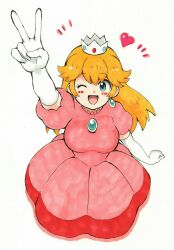 Rule 34 | 1girl, absurdres, brooch, crown, dress, earrings, elbow gloves, from above, gloves, highres, jewelry, long hair, looking at viewer, looking up, mario (series), mehonobu g, nintendo, one eye closed, open mouth, pink dress, princess peach, solo, super mario rpg, very long hair, white gloves