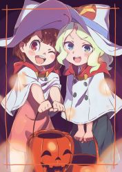 Rule 34 | 2girls, aged down, blonde hair, blue eyes, blush, brown eyes, brown hair, check commentary, commentary request, diana cavendish, halloween, halloween costume, hat, highres, jack-o&#039;-lantern, kagari atsuko, little witch academia, multiple girls, one eye closed, standing, tama (tama-s), v-shaped eyebrows, wavy hair, white hat, witch, witch hat