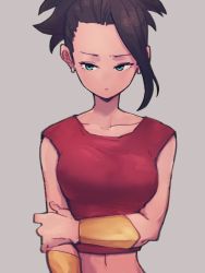 Rule 34 | 1girl, black hair, breasts, closed mouth, collarbone, dragon ball, dragon ball super, earrings, green eyes, grey background, jewelry, kale (dragon ball), kemachiku, medium breasts, navel, ponytail, short hair, simple background, solo